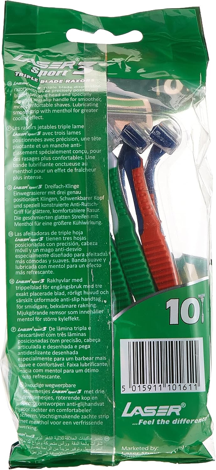 Laser Sport 3 Firm Grip Tripple Blade Disposable Shaving Razor - Anti Slip Elastomer handle - Flex Neck - With Menthol for Added Cooling Effect - Reduce Irritation - Better Precision - Close Shave - 10 Pieces - Al Kabayel Discount CentreLaser Sport 3 Firm Grip Tripple Blade Disposable Shaving Razor - Anti Slip Elastomer handle - Flex Neck - With Menthol for Added Cooling Effect - Reduce Irritation - Better Precision - Close Shave - 10 PiecesPersonal Care & Styling ToolsLASERAl Kabayel Discount C