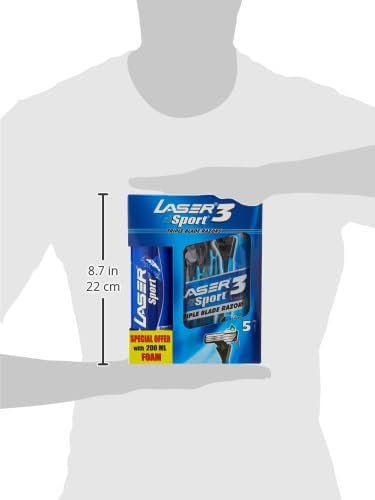 Laser Sport 3 Three Blade Disposable Shaving Razor - Rubber Grip Handle - Flexi Neck - Strip with aloe & vitamin E - Ultra Smooth Shave 5 Pieces + Laser Sport Shaving Foam - 200ML - Al Kabayel Discount CentreLaser Sport 3 Three Blade Disposable Shaving Razor - Rubber Grip Handle - Flexi Neck - Strip with aloe & vitamin E - Ultra Smooth Shave 5 Pieces + Laser Sport Shaving Foam - 200MLPersonal Care & Styling ToolsLASERAl Kabayel Discount Centre