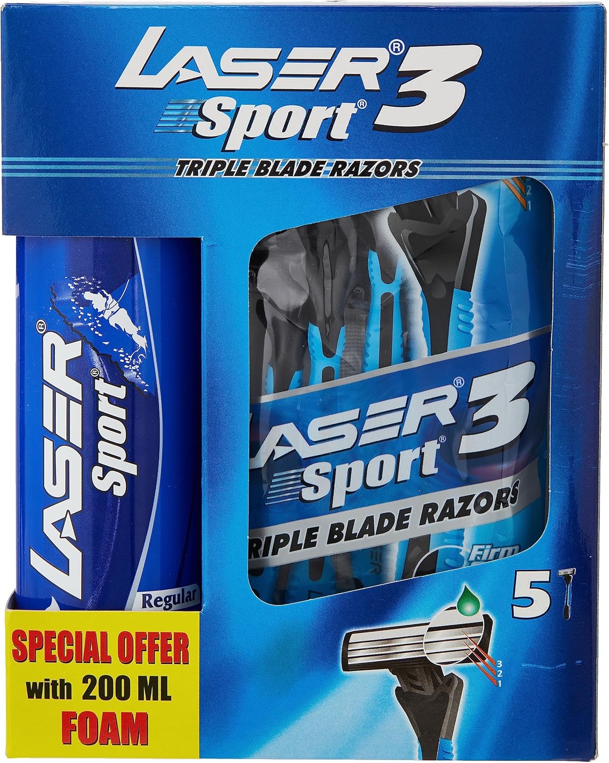 Laser Sport 3 Three Blade Disposable Shaving Razor - Rubber Grip Handle - Flexi Neck - Strip with aloe & vitamin E - Ultra Smooth Shave 5 Pieces + Laser Sport Shaving Foam - 200ML - Al Kabayel Discount CentreLaser Sport 3 Three Blade Disposable Shaving Razor - Rubber Grip Handle - Flexi Neck - Strip with aloe & vitamin E - Ultra Smooth Shave 5 Pieces + Laser Sport Shaving Foam - 200MLPersonal Care & Styling ToolsLASERAl Kabayel Discount Centre