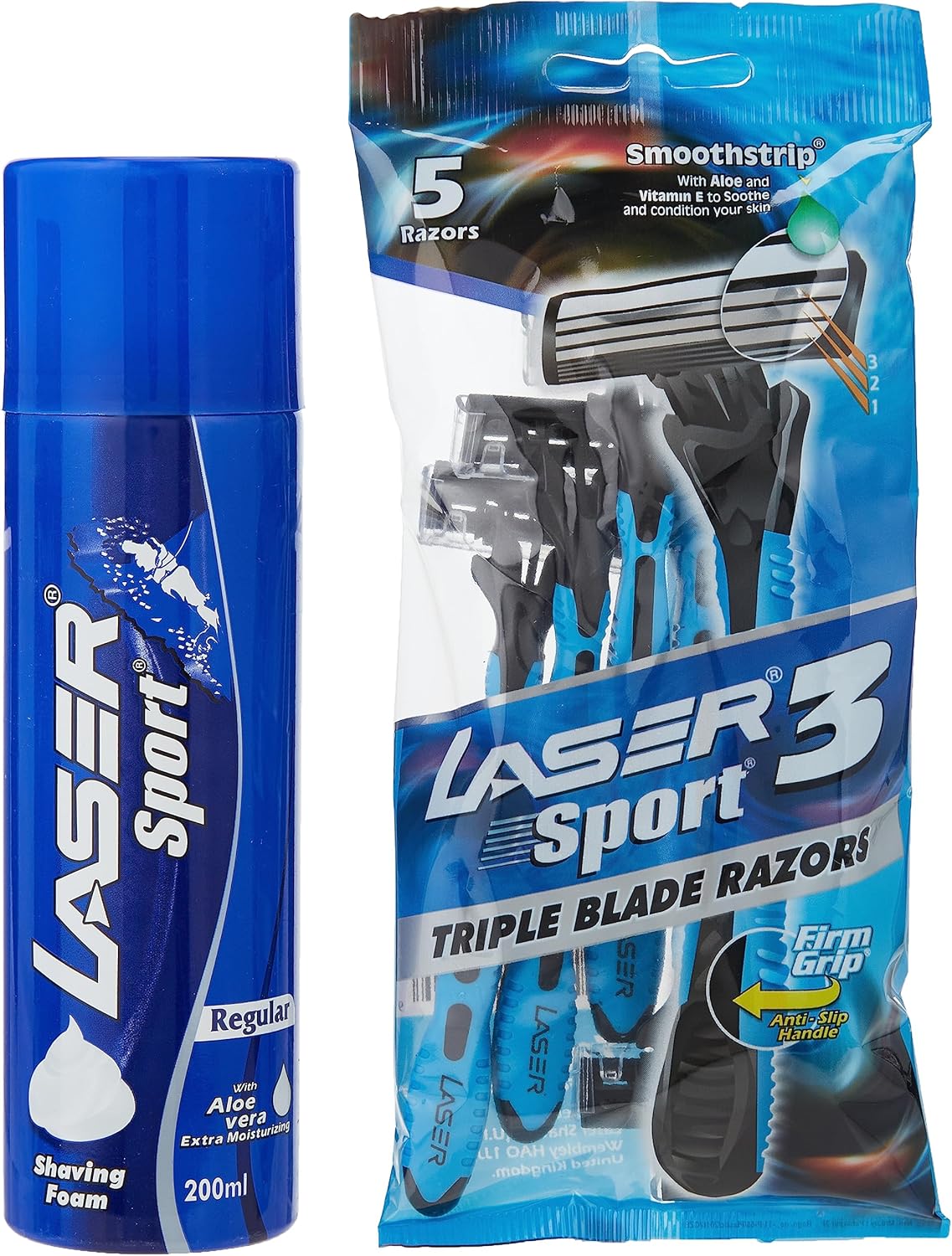 Laser Sport 3 Three Blade Disposable Shaving Razor - Rubber Grip Handle - Flexi Neck - Strip with aloe & vitamin E - Ultra Smooth Shave 5 Pieces + Laser Sport Shaving Foam - 200ML - Al Kabayel Discount CentreLaser Sport 3 Three Blade Disposable Shaving Razor - Rubber Grip Handle - Flexi Neck - Strip with aloe & vitamin E - Ultra Smooth Shave 5 Pieces + Laser Sport Shaving Foam - 200MLPersonal Care & Styling ToolsLASERAl Kabayel Discount Centre