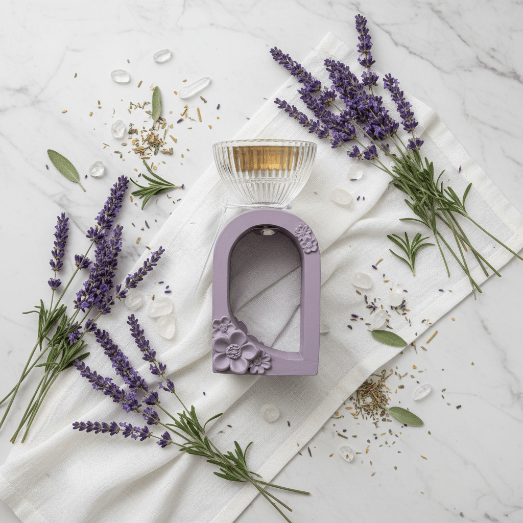 Lavender Chalk & Glass Incense Burner | Arch Floral Design | 15cm - Al Kabayel Discount CentreLavender Chalk & Glass Incense Burner | Arch Floral Design | 15cmIncense burnerAKDCAl Kabayel Discount Centre
