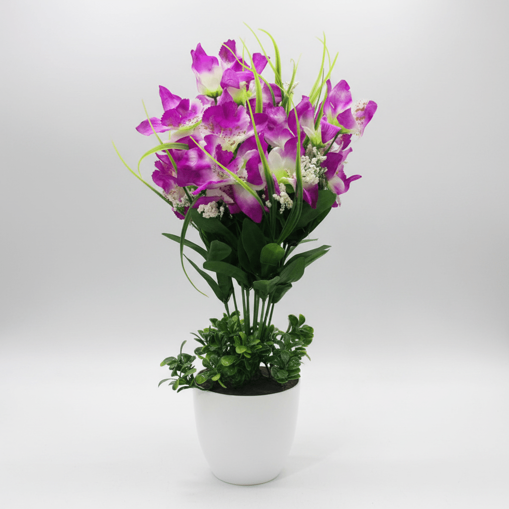 Lavender & White Artificial Orchid Flower Plant | White Plastic Vase | 38cm - Al Kabayel Discount CentreLavender & White Artificial Orchid Flower Plant | White Plastic Vase | 38cmArtificial FloraAKDCAl Kabayel Discount Centre