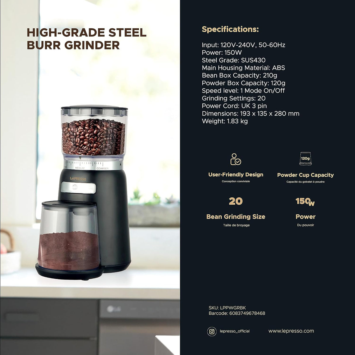 LePresso High Performance Coffee Bean Grinder, SUS430 Steel Grade, 210g Bean Box Capacity, 20 Grinding Sizes, Coffee Powder Maker - Al Kabayel Discount CentreLePresso High Performance Coffee Bean Grinder, SUS430 Steel Grade, 210g Bean Box Capacity, 20 Grinding Sizes, Coffee Powder MakerFood & Drink AppliancesLEPRESSOAl Kabayel Discount Centre
