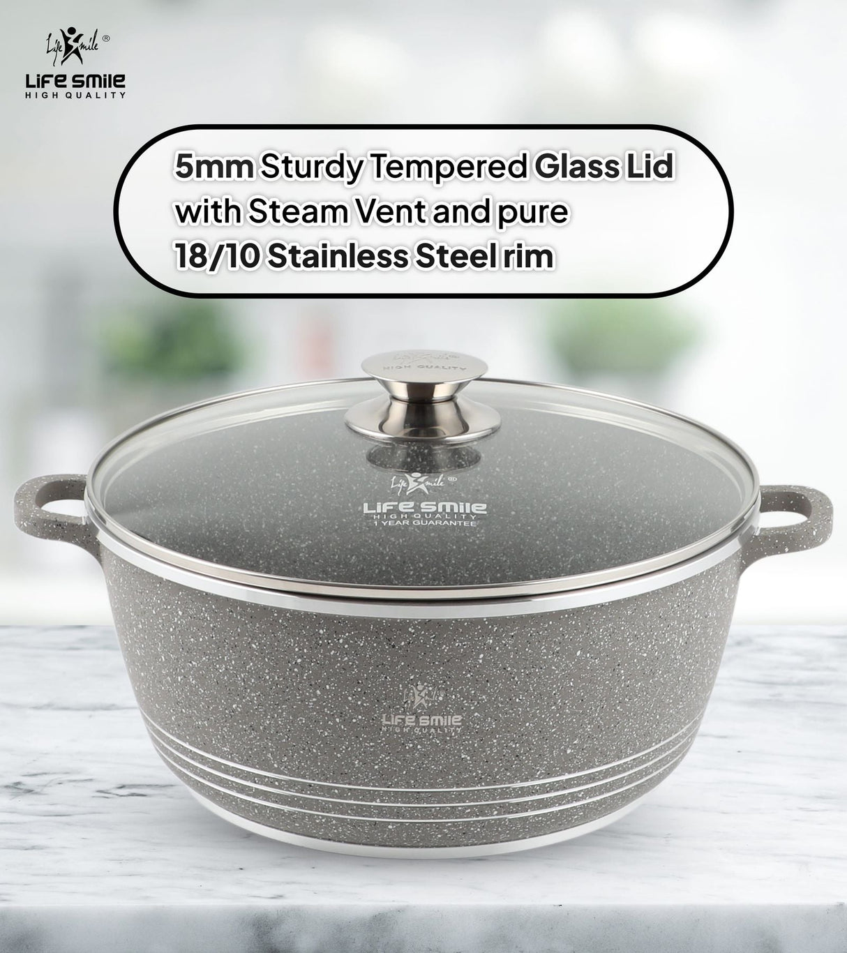 Life Smile 24cm Oven-Safe Granite Coating Cooking Pot with Glass Lid Beige/Black/Gray - Al Kabayel Discount CentreLife Smile 24cm Oven-Safe Granite Coating Cooking Pot with Glass Lid Beige/Black/GrayCasserolesLIFE SMILEAl Kabayel Discount Centre