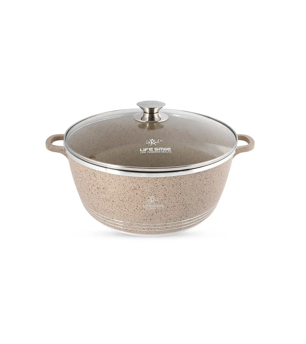 Life Smile 32cm Oven-Safe Granite Coating Cooking Pot with Glass Lid Beige/Black - Al Kabayel Discount CentreLife Smile 32cm Oven-Safe Granite Coating Cooking Pot with Glass Lid Beige/BlackCasserolesLIFE SMILEAl Kabayel Discount Centre