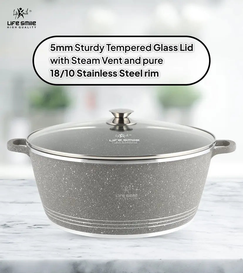 Life Smile 36cm Oven-Safe Granite Coating Cooking Pot with Glass Lid Beige/Black/Gray - Al Kabayel Discount CentreLife Smile 36cm Oven-Safe Granite Coating Cooking Pot with Glass Lid Beige/Black/GrayCasserolesLIFE SMILEAl Kabayel Discount Centre