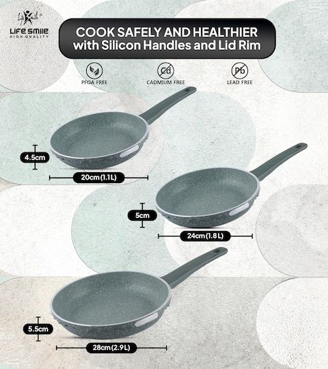 Life Smile 3pcs Fry Pan Set Includes 20cm Fry Pan, 24cm Fry Pan, 28cm Fry Pan, Multi Layer Non Stick Granite Coating Fry Pan Set, PFOA Free, Induction Base, Green - 7FP7SET - Al Kabayel Discount CentreLife Smile 3pcs Fry Pan Set Includes 20cm Fry Pan, 24cm Fry Pan, 28cm Fry Pan, Multi Layer Non Stick Granite Coating Fry Pan Set, PFOA Free, Induction Base, Green - 7FP7SETFrying Pans & SkilletsLIFE SMILEAl Kabayel Discount Centre