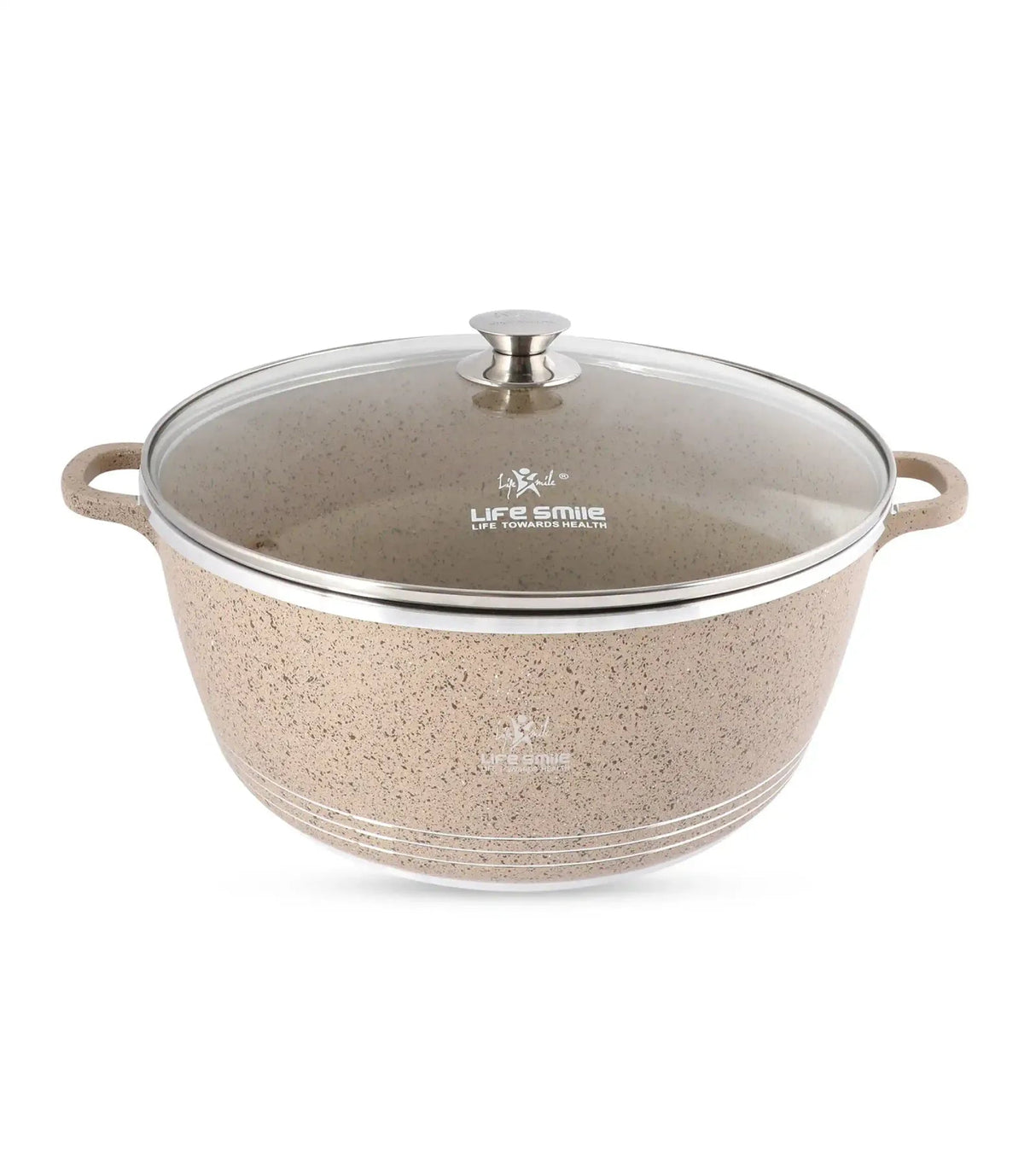 Life Smile 40cm Oven-Safe Granite Coating Cooking Pot with Glass Lid Beige/Black - Al Kabayel Discount CentreLife Smile 40cm Oven-Safe Granite Coating Cooking Pot with Glass Lid Beige/BlackCasserolesLIFE SMILEAl Kabayel Discount Centre