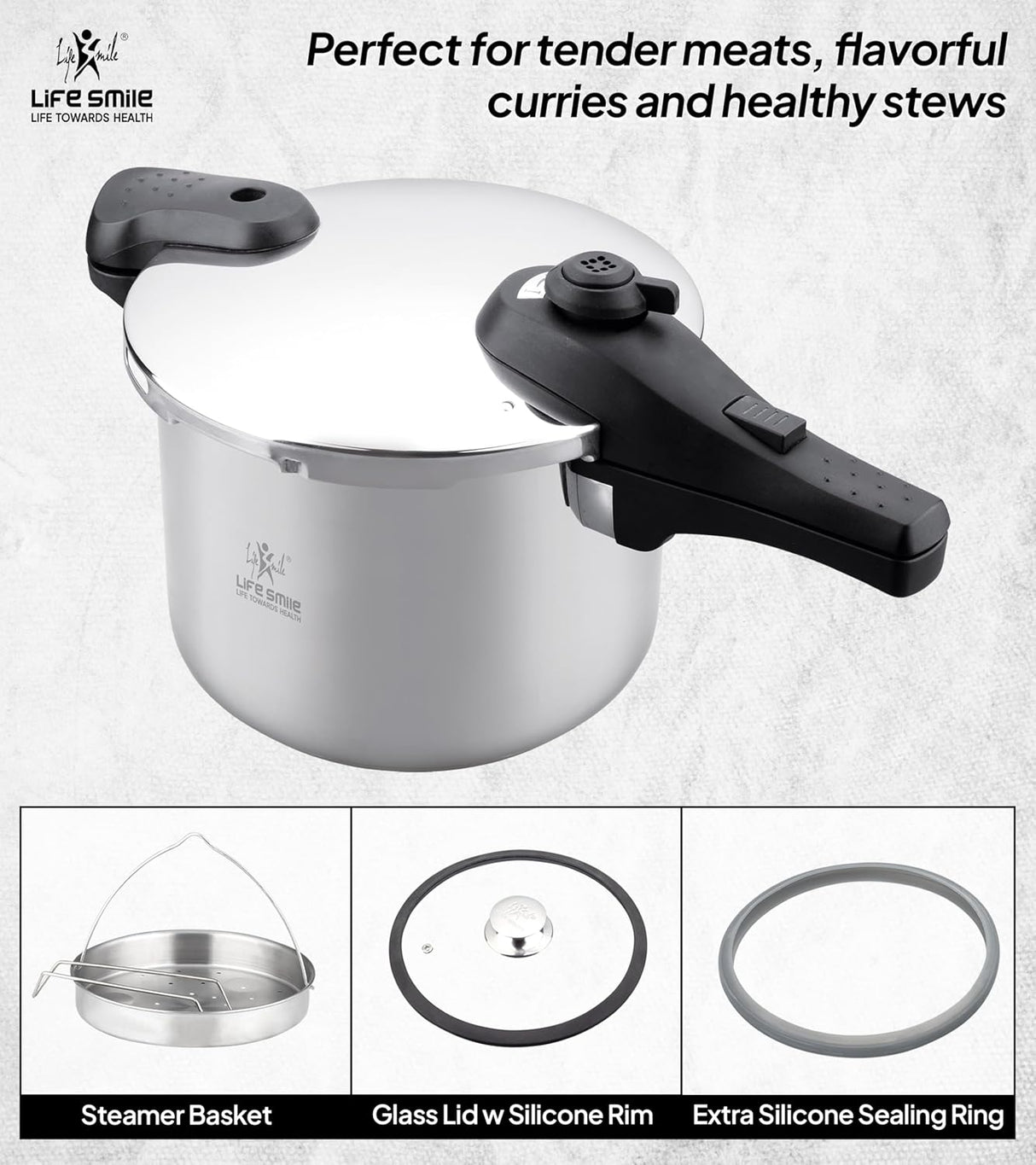 Life Smile 6L Pressure Cooker – 18/10 Stainless Steel, Push Button Lock System, Induction Compatible, Heat-Resistant Handles, Silver - Al Kabayel Discount CentreLife Smile 6L Pressure Cooker – 18/10 Stainless Steel, Push Button Lock System, Induction Compatible, Heat-Resistant Handles, SilverPressure CookersLIFE SMILEAl Kabayel Discount Centre