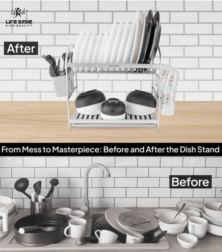 Life Smile Aluminium 2 Tier Dish Rack with Anti - Slip Rubber Fleet Designed to Maximize the Kitchen Storage 49.7cmX25cmX37.7cm - silver - Al Kabayel Discount CentreLife Smile Aluminium 2 Tier Dish Rack with Anti - Slip Rubber Fleet Designed to Maximize the Kitchen Storage 49.7cmX25cmX37.7cm - silverOrganizers & AccessoriesLIFE SMILEAl Kabayel Discount Centre
