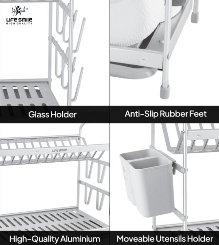 Life Smile Aluminium 2 Tier Dish Rack with Anti - Slip Rubber Fleet Designed to Maximize the Kitchen Storage 49.7cmX25cmX37.7cm - silver - Al Kabayel Discount CentreLife Smile Aluminium 2 Tier Dish Rack with Anti - Slip Rubber Fleet Designed to Maximize the Kitchen Storage 49.7cmX25cmX37.7cm - silverOrganizers & AccessoriesLIFE SMILEAl Kabayel Discount Centre