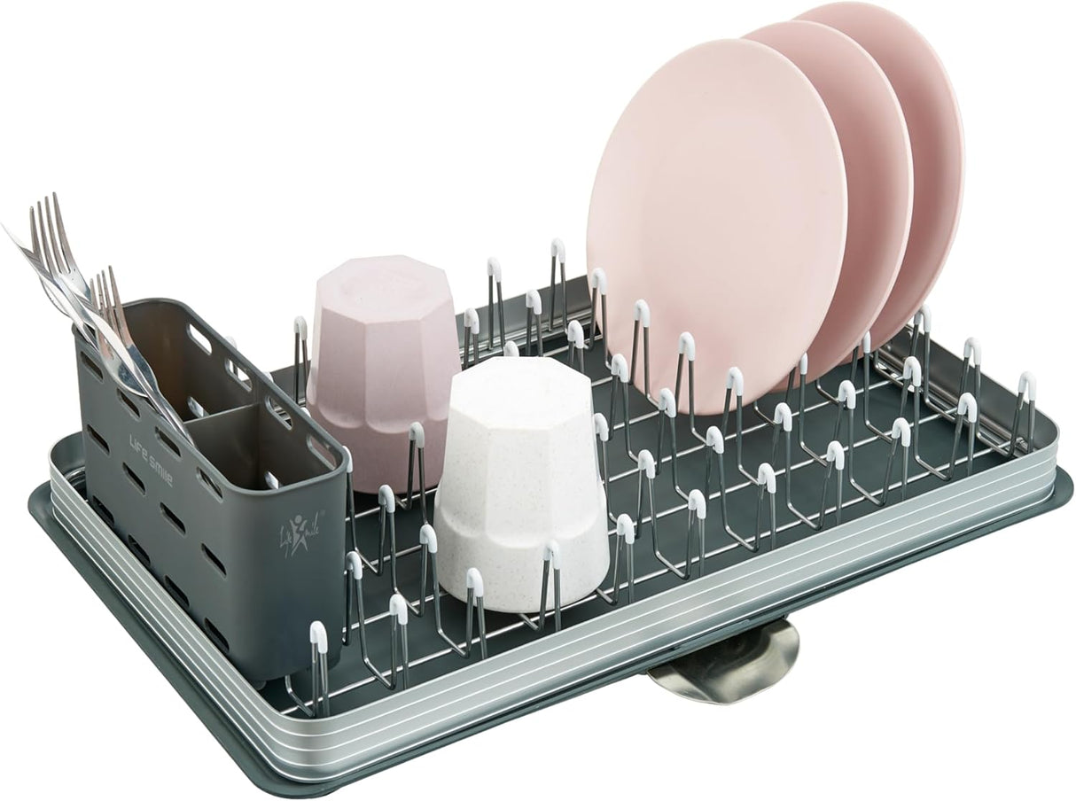 Life Smile Aluminum 1 tier Dish Drying Rack,Never Rust Dish Rack with Removable Cutlery Holder & Cup Holder, 360° Swivel Spout Drain Board 48.5cmX31.9cmX14.2cm - Grey - Al Kabayel Discount CentreLife Smile Aluminum 1 tier Dish Drying Rack,Never Rust Dish Rack with Removable Cutlery Holder & Cup Holder, 360° Swivel Spout Drain Board 48.5cmX31.9cmX14.2cm - GreyOrganizers & AccessoriesLIFE SMILEAl Kabayel Discount Centre