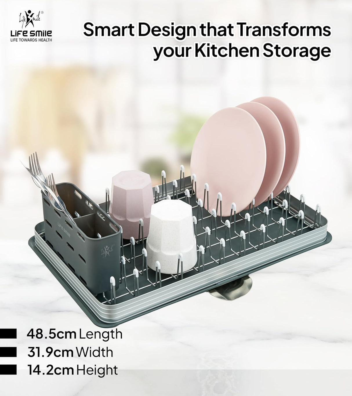 Life Smile Aluminum 1 tier Dish Drying Rack,Never Rust Dish Rack with Removable Cutlery Holder & Cup Holder, 360° Swivel Spout Drain Board 48.5cmX31.9cmX14.2cm - Grey - Al Kabayel Discount CentreLife Smile Aluminum 1 tier Dish Drying Rack,Never Rust Dish Rack with Removable Cutlery Holder & Cup Holder, 360° Swivel Spout Drain Board 48.5cmX31.9cmX14.2cm - GreyOrganizers & AccessoriesLIFE SMILEAl Kabayel Discount Centre