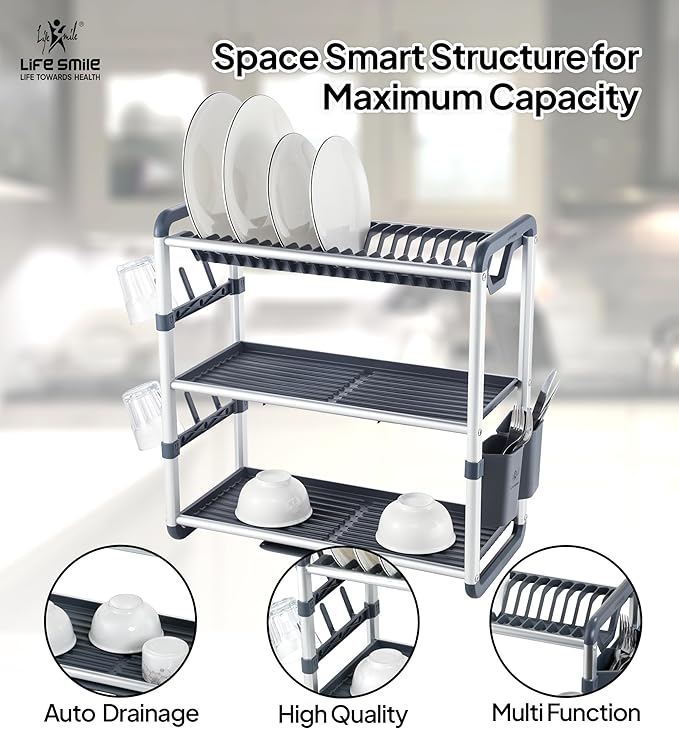 Life Smile Aluminum 3 Tier Dish Drying Rack with Bowl Shelf, Drainer, Cutlery and Cup Holder 60.9cmX26.7cmX57.7cm - White&grey - Al Kabayel Discount CentreLife Smile Aluminum 3 Tier Dish Drying Rack with Bowl Shelf, Drainer, Cutlery and Cup Holder 60.9cmX26.7cmX57.7cm - White&greyOrganizers & AccessoriesLIFE SMILEAl Kabayel Discount Centre