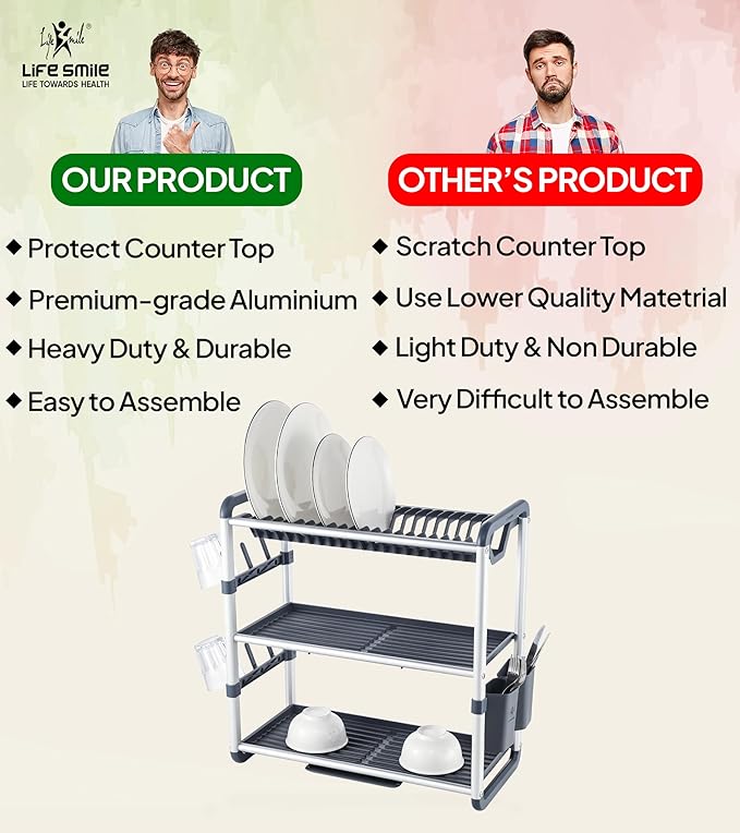 Life Smile Aluminum 3 Tier Dish Drying Rack with Bowl Shelf, Drainer, Cutlery and Cup Holder 60.9cmX26.7cmX57.7cm - White&grey - Al Kabayel Discount CentreLife Smile Aluminum 3 Tier Dish Drying Rack with Bowl Shelf, Drainer, Cutlery and Cup Holder 60.9cmX26.7cmX57.7cm - White&greyOrganizers & AccessoriesLIFE SMILEAl Kabayel Discount Centre