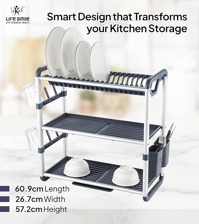 Life Smile Aluminum 3 Tier Dish Drying Rack with Bowl Shelf, Drainer, Cutlery and Cup Holder 60.9cmX26.7cmX57.7cm - White&grey - Al Kabayel Discount CentreLife Smile Aluminum 3 Tier Dish Drying Rack with Bowl Shelf, Drainer, Cutlery and Cup Holder 60.9cmX26.7cmX57.7cm - White&greyOrganizers & AccessoriesLIFE SMILEAl Kabayel Discount Centre