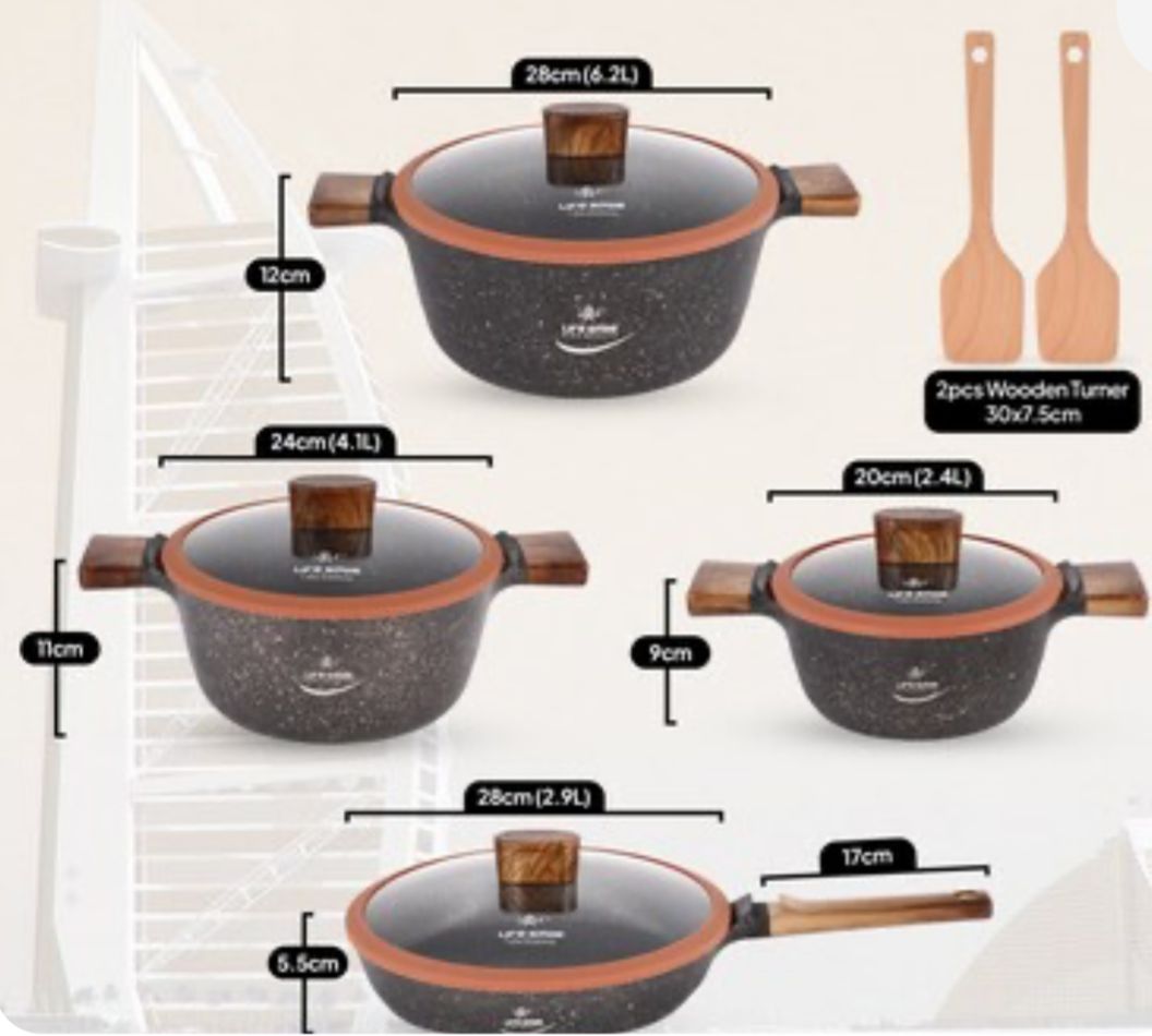 Life Smile Burj Al Arab Series 10pcs Non - Stick Granite Coating Cookware Set Includes 6.2 Liter Soup Pot with Lid - 1pc, 4.1 Liter Soup Pot with Lid - 1pc, 2.4 Liter Soup Pot with Lid - 1pc, 2.9 Liter Fry Pan Lid - 1pc, 2pc Spoons, LIFEP15 - 10T2 - Brown - Al Kabayel Discount CentreLife Smile Burj Al Arab Series 10pcs Non - Stick Granite Coating Cookware Set Includes 6.2 Liter Soup Pot with Lid - 1pc, 4.1 Liter Soup Pot with Lid - 1pc, 2.4 Liter Soup Pot with Lid - 1pc, 2.9 Liter Fry Pan Lid -