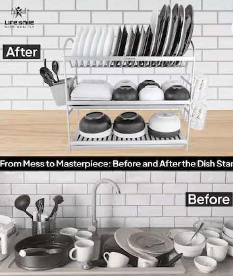 Life Smile Dish Rack - 3 Tier Countertop Dish Drying Stand With Removable Drip Tray - Pure Aluminum with Cutlery Holder and Cups Holder - Anti Slip and Rust Proof Dish Drainer 62.9cmX25cmX51.7cm - silver - Al Kabayel Discount CentreLife Smile Dish Rack - 3 Tier Countertop Dish Drying Stand With Removable Drip Tray - Pure Aluminum with Cutlery Holder and Cups Holder - Anti Slip and Rust Proof Dish Drainer 62.9cmX25cmX51.7cm - silverOrganizers & AccessoriesLIFE SMILEAl Kabayel Discount Centre