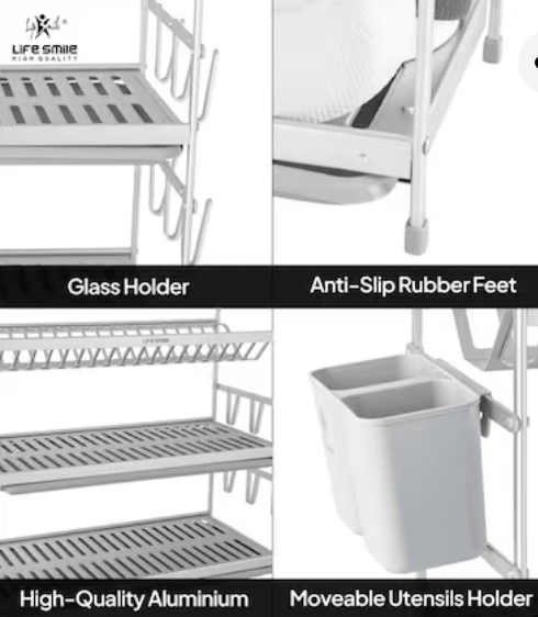 Life Smile Dish Rack - 3 Tier Countertop Dish Drying Stand With Removable Drip Tray - Pure Aluminum with Cutlery Holder and Cups Holder - Anti Slip and Rust Proof Dish Drainer 62.9cmX25cmX51.7cm - silver - Al Kabayel Discount CentreLife Smile Dish Rack - 3 Tier Countertop Dish Drying Stand With Removable Drip Tray - Pure Aluminum with Cutlery Holder and Cups Holder - Anti Slip and Rust Proof Dish Drainer 62.9cmX25cmX51.7cm - silverOrganizers & AccessoriesLIFE SMILEAl Kabayel Discount Centre