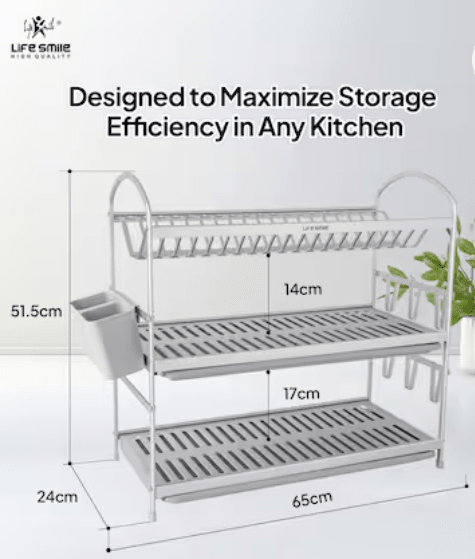 Life Smile Dish Rack - 3 Tier Countertop Dish Drying Stand With Removable Drip Tray - Pure Aluminum with Cutlery Holder and Cups Holder - Anti Slip and Rust Proof Dish Drainer 62.9cmX25cmX51.7cm - silver - Al Kabayel Discount CentreLife Smile Dish Rack - 3 Tier Countertop Dish Drying Stand With Removable Drip Tray - Pure Aluminum with Cutlery Holder and Cups Holder - Anti Slip and Rust Proof Dish Drainer 62.9cmX25cmX51.7cm - silverOrganizers & AccessoriesLIFE SMILEAl Kabayel Discount Centre