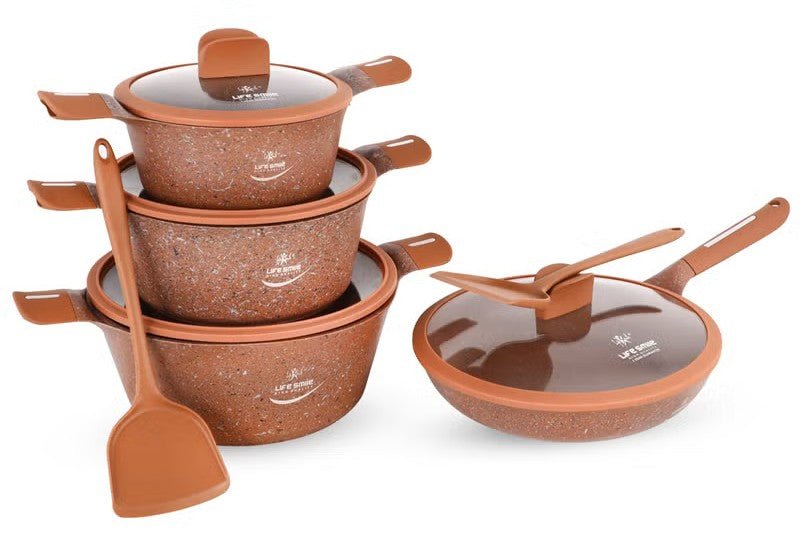 Life Smile Dolphin Series 10pcs Non - Stick Granite Coating Cookware Set Includes 6.3 Liter Soup Pot with Lid - 1pc, 4 Liter Soup Pot with Lid - 1pc, 2.3 Liter Soup Pot with Lid - 1pc, 2.7 Liter Fry Pan Lid - 1pc, 2pc Spoons, LIFEP14 - 10T2 - Brown - Al Kabayel Discount CentreLife Smile Dolphin Series 10pcs Non - Stick Granite Coating Cookware Set Includes 6.3 Liter Soup Pot with Lid - 1pc, 4 Liter Soup Pot with Lid - 1pc, 2.3 Liter Soup Pot with Lid - 1pc, 2.7 Liter Fry Pan Lid - 1pc, 2pc Spoon