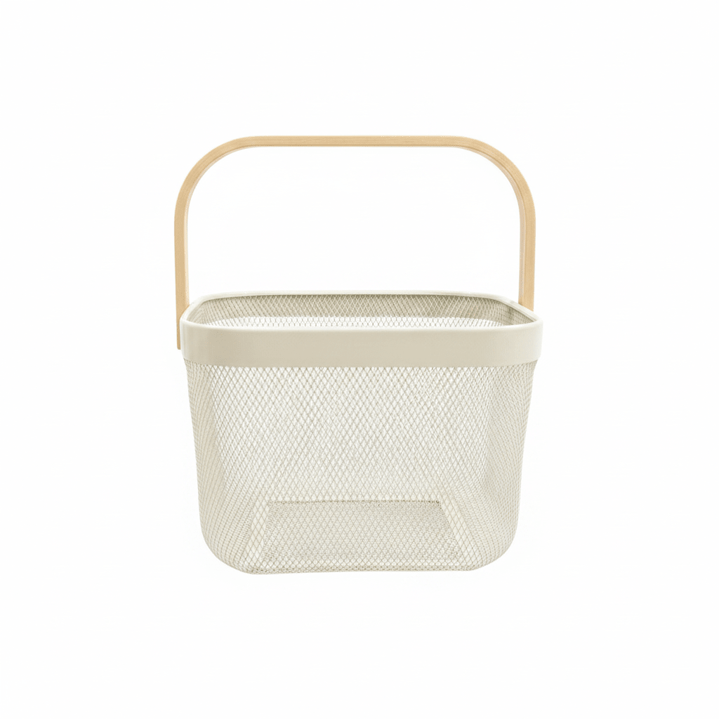 Lizhi Metal Mesh Basket with Wooden Handle — 18×24cm - Pink / Grey / Light Green / Cream - Al Kabayel Discount CentreLizhi Metal Mesh Basket with Wooden Handle — 18×24cm - Pink / Grey / Light Green / CreamOrganizers & AccessoriesLIZHIAl Kabayel Discount Centre
