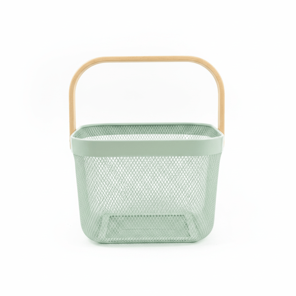 Lizhi Metal Mesh Basket with Wooden Handle — 18×24cm - Pink / Grey / Light Green / Cream - Al Kabayel Discount CentreLizhi Metal Mesh Basket with Wooden Handle — 18×24cm - Pink / Grey / Light Green / CreamOrganizers & AccessoriesLIZHIAl Kabayel Discount Centre