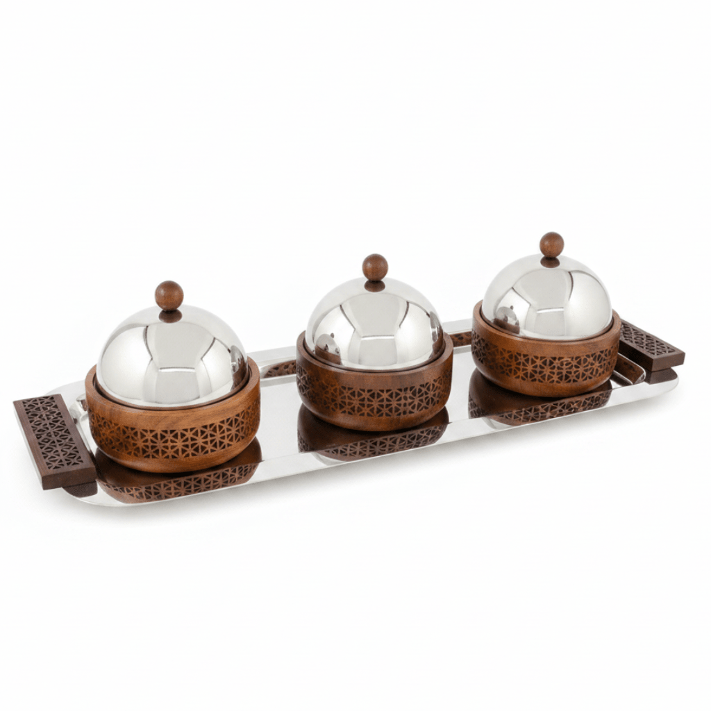 Luhpar 3-Bowl Serving Set on Rectangular Stainless Steel Tray - 56×22×13 cm - Al Kabayel Discount CentreLuhpar 3-Bowl Serving Set on Rectangular Stainless Steel Tray - 56×22×13 cmServing TraysLUHPARAl Kabayel Discount Centre