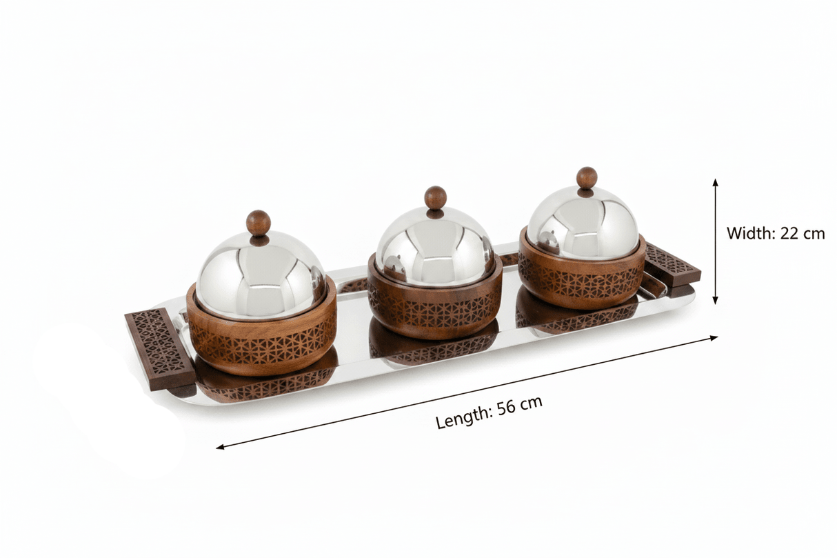 Luhpar 3-Bowl Serving Set on Rectangular Stainless Steel Tray - 56×22×13 cm - Al Kabayel Discount CentreLuhpar 3-Bowl Serving Set on Rectangular Stainless Steel Tray - 56×22×13 cmServing TraysLUHPARAl Kabayel Discount Centre