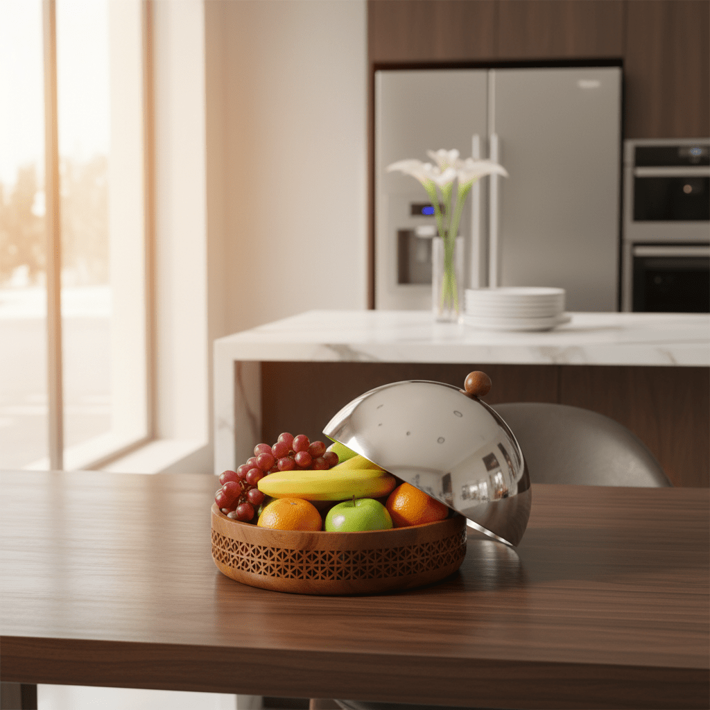 Luhpar Brown Wooden Bowl with Stainless Steel Dome Lid | 27×27 cm - Al Kabayel Discount CentreLuhpar Brown Wooden Bowl with Stainless Steel Dome Lid | 27×27 cmBowlsLUHPARAl Kabayel Discount Centre