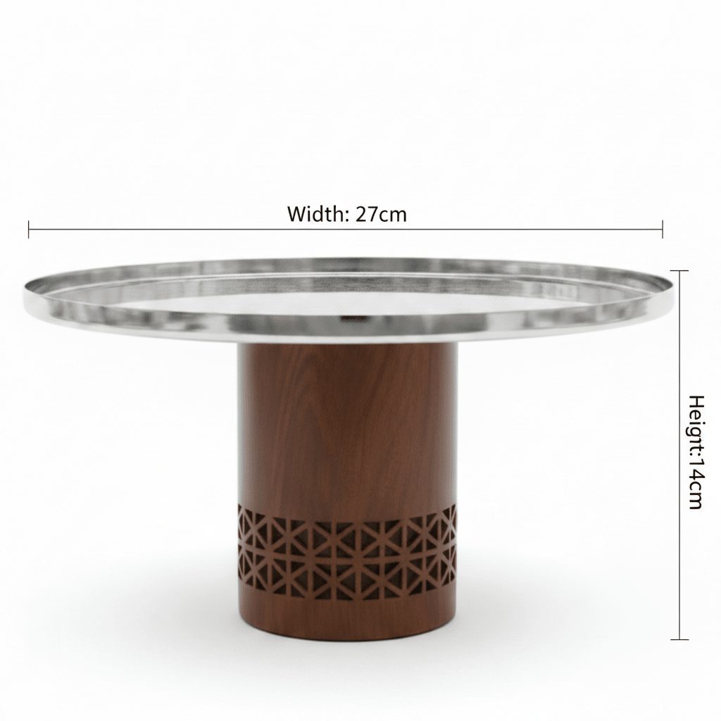 Luhpar Brown Wooden Footed Silver Stainless Steel Cake Stand - 27×14cm - Al Kabayel Discount CentreLuhpar Brown Wooden Footed Silver Stainless Steel Cake Stand - 27×14cmServing TraysLUHPARAl Kabayel Discount Centre