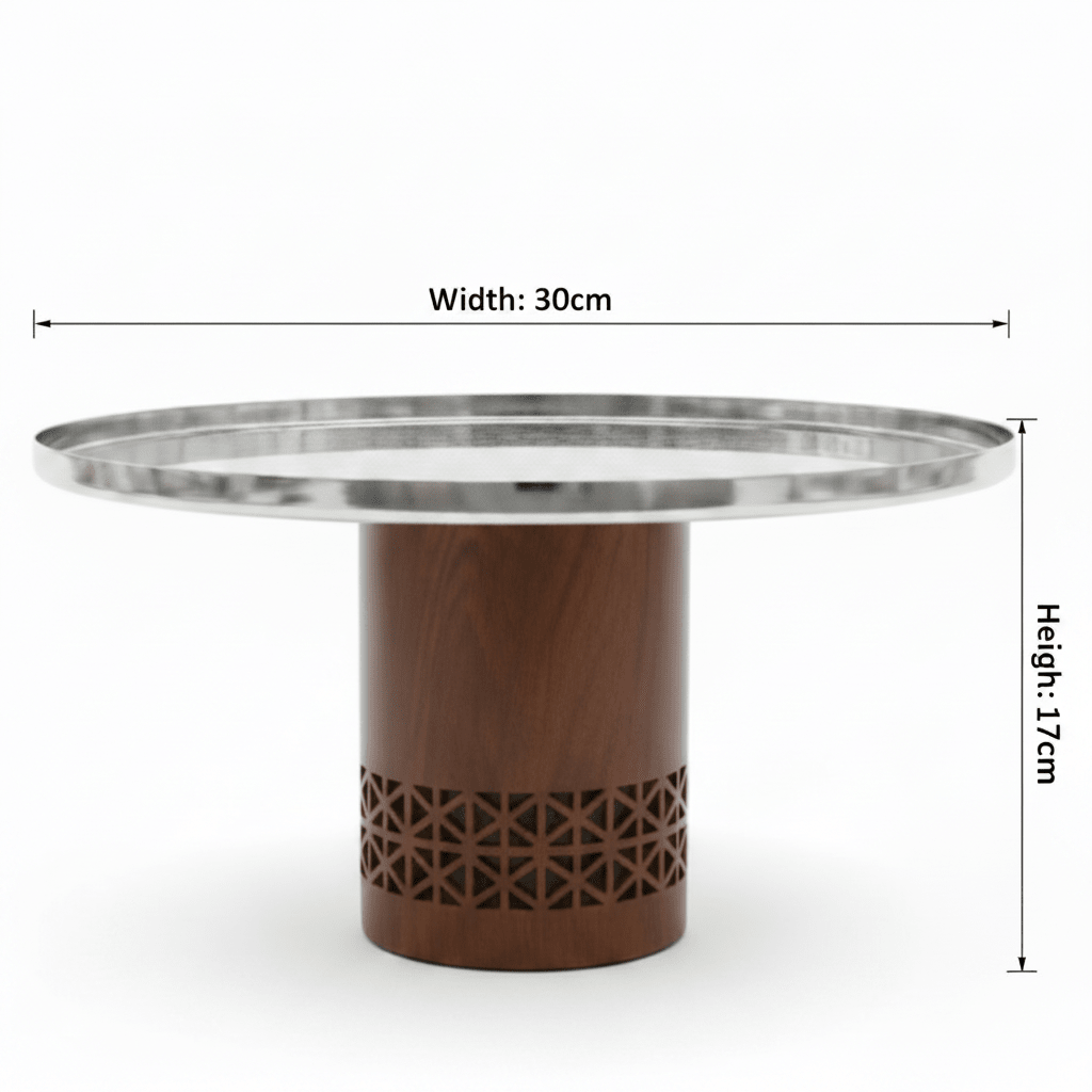 Luhpar Brown Wooden Footed Silver Stainless Steel Cake Stand - 30×17cm - Al Kabayel Discount CentreLuhpar Brown Wooden Footed Silver Stainless Steel Cake Stand - 30×17cmServing TraysLUHPARAl Kabayel Discount Centre