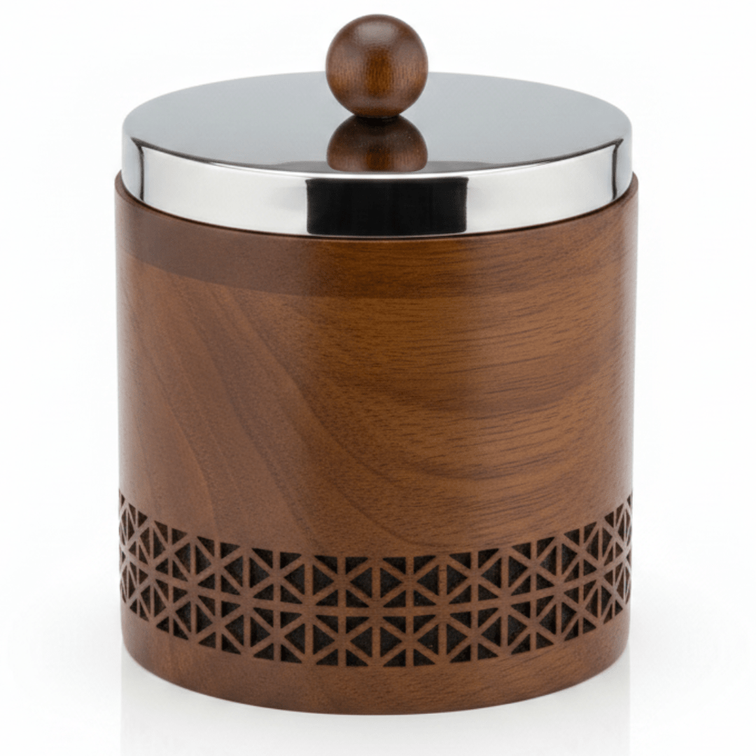 Luhpar Brown Wooden Jar with Silver Stainless Steel Lid — 12×12cm - Al Kabayel Discount CentreLuhpar Brown Wooden Jar with Silver Stainless Steel Lid — 12×12cmJars & Food SaversLUHPARAl Kabayel Discount Centre
