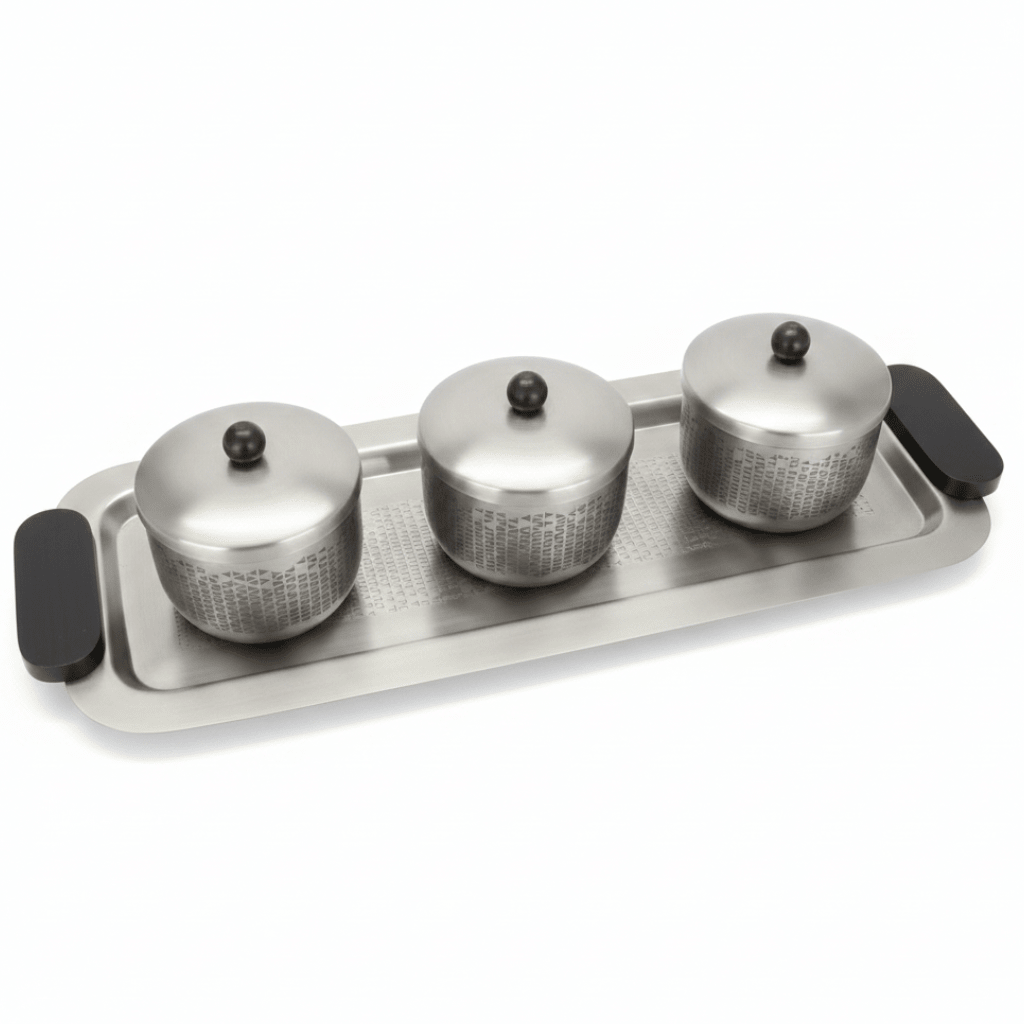 Luhpar Brushed Silver Stainless Steel Serving Tray with 3 Lidded Bowls & Black Wooden Handles | 55×20×10 cm - Al Kabayel Discount CentreLuhpar Brushed Silver Stainless Steel Serving Tray with 3 Lidded Bowls & Black Wooden Handles | 55×20×10 cmServing TraysLUHPARAl Kabayel Discount Centre