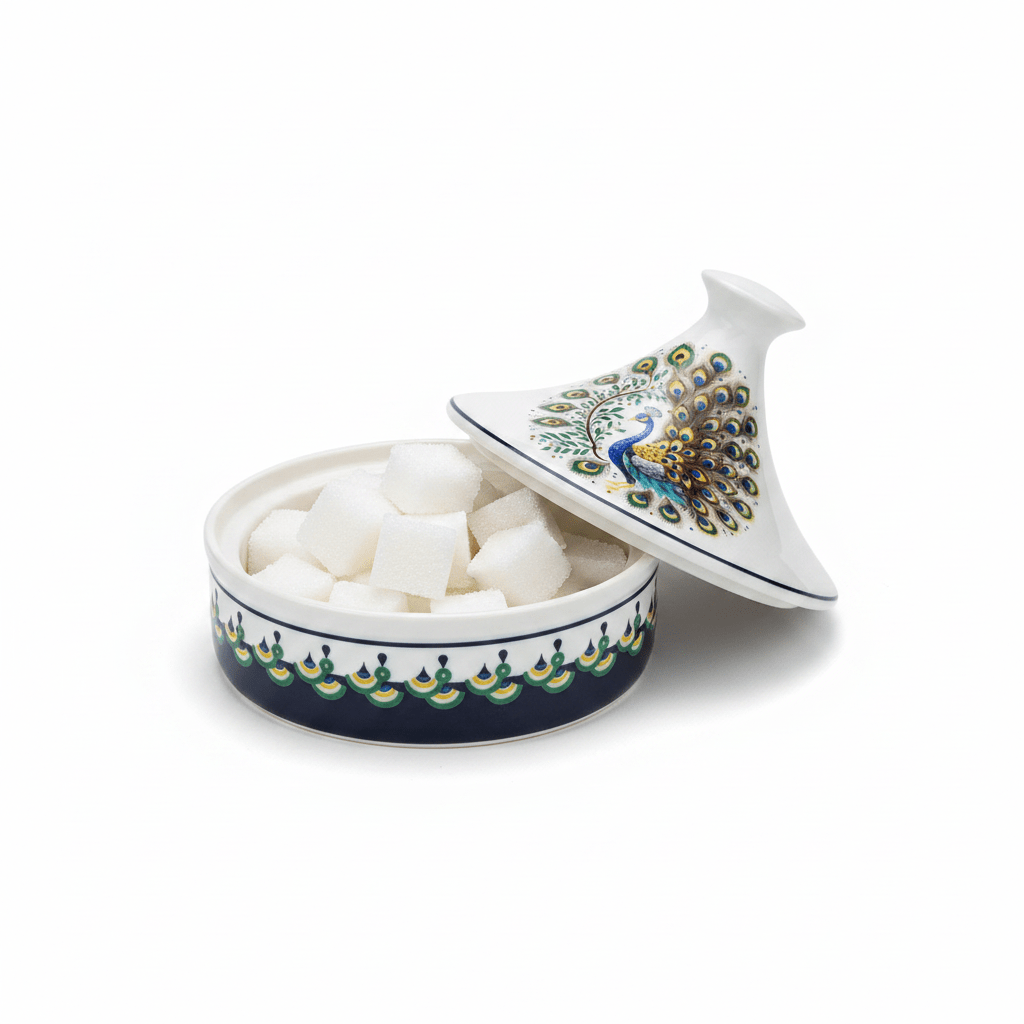Luhpar Decorative Ceramic Sugar Pot with Peacock Artwork and Lid for Stylish Food Presentation – 15×15 cm - Al Kabayel Discount CentreLuhpar Decorative Ceramic Sugar Pot with Peacock Artwork and Lid for Stylish Food Presentation – 15×15 cmJars & Food SaversLUHPARAl Kabayel Discount Centre