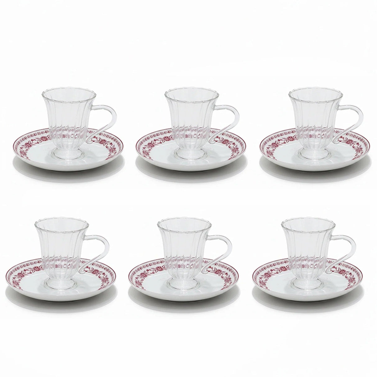 Luhpar EM - 011 Glass Cup & Ceramic Saucer Set with Red Rim – 12 - Piece Set – White with Red Floral Design - Al Kabayel Discount CentreLuhpar EM - 011 Glass Cup & Ceramic Saucer Set with Red Rim – 12 - Piece Set – White with Red Floral DesignTea SetsLUHPARAl Kabayel Discount Centre