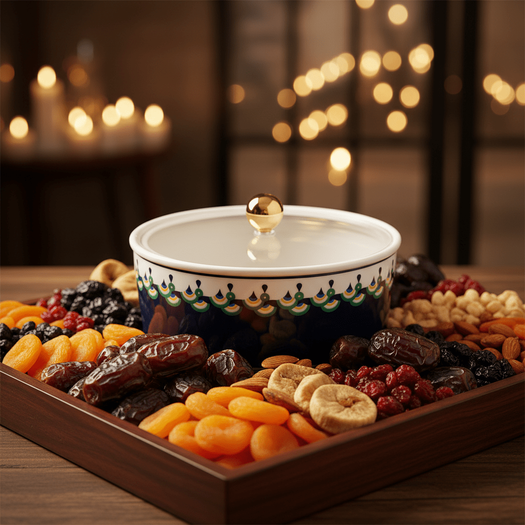 Luhpar RoyalCharm White Ceramic Dates Bowl with Lid – Elegant Navy Blue Pattern Covered Dish for Ramadan, Serving Sweets & Dry Fruits – 15 × 15 cm - Al Kabayel Discount CentreLuhpar RoyalCharm White Ceramic Dates Bowl with Lid – Elegant Navy Blue Pattern Covered Dish for Ramadan, Serving Sweets & Dry Fruits – 15 × 15 cmServing traysLUHPARAl Kabayel Discount Centre