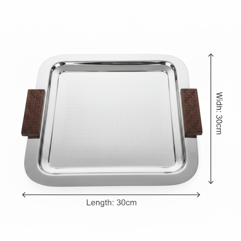 Luhpar Silver Square Stainless Steel Serving Tray with Wooden Handles – 30×30cm - Al Kabayel Discount CentreLuhpar Silver Square Stainless Steel Serving Tray with Wooden Handles – 30×30cmServing TraysLUHPARAl Kabayel Discount Centre