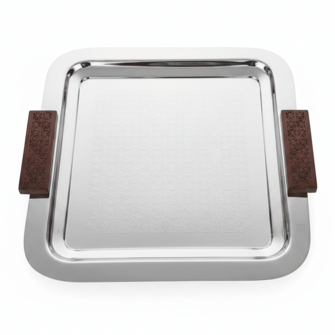 Luhpar Silver Square Stainless Steel Serving Tray with Wooden Handles - 37×37cm - Al Kabayel Discount CentreLuhpar Silver Square Stainless Steel Serving Tray with Wooden Handles - 37×37cmServing TraysLUHPARAl Kabayel Discount Centre