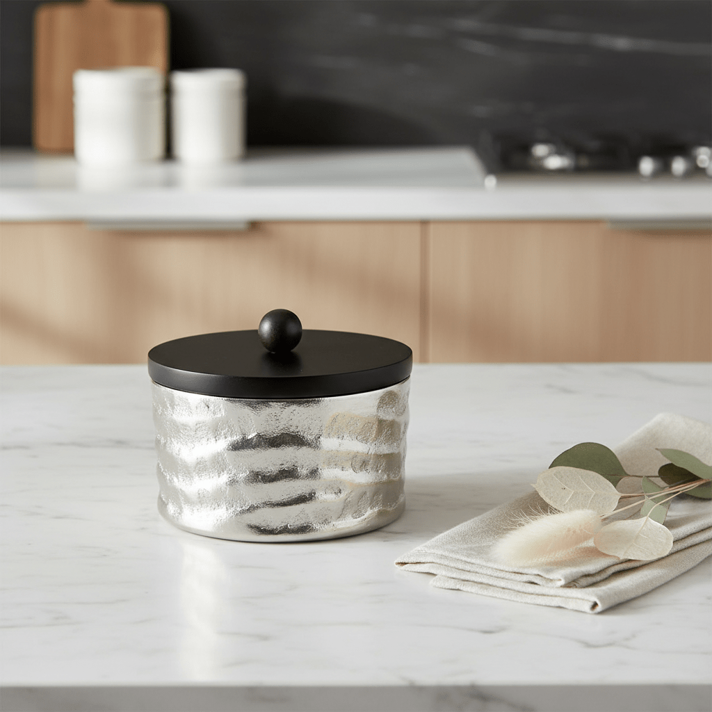 Luhpar Silver Wave Textured Aluminum Round Storage Box With Black Wooden Lid - 14×8 cm - 75006-A - Al Kabayel Discount CentreLuhpar Silver Wave Textured Aluminum Round Storage Box With Black Wooden Lid - 14×8 cm - 75006-AJars & Food SaversLUHPARAl Kabayel Discount Centre