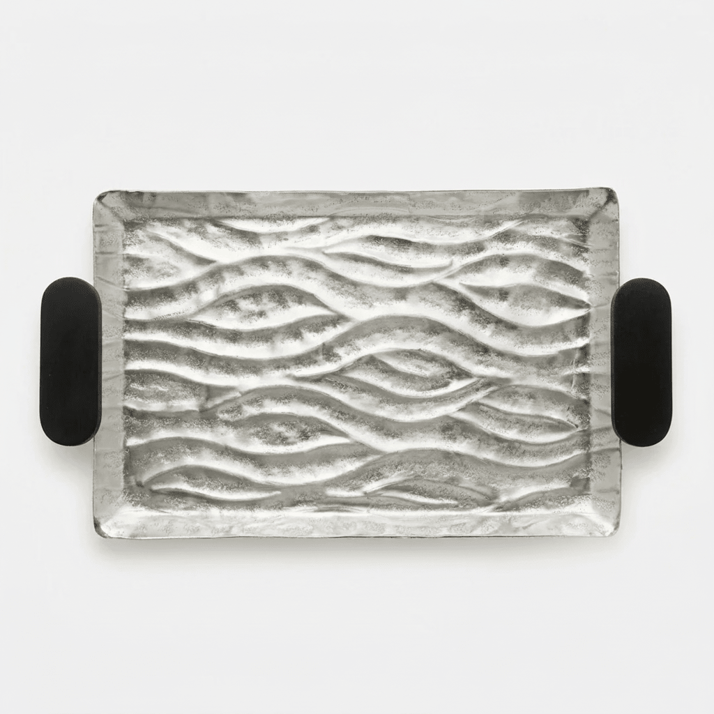 Luhpar Wave Textured Aluminium Rectangular Tray with Black Wooden Handles - 46 × 31 cm - 74893-B - Al Kabayel Discount CentreLuhpar Wave Textured Aluminium Rectangular Tray with Black Wooden Handles - 46 × 31 cm - 74893-BServing TraysLUHPARAl Kabayel Discount Centre