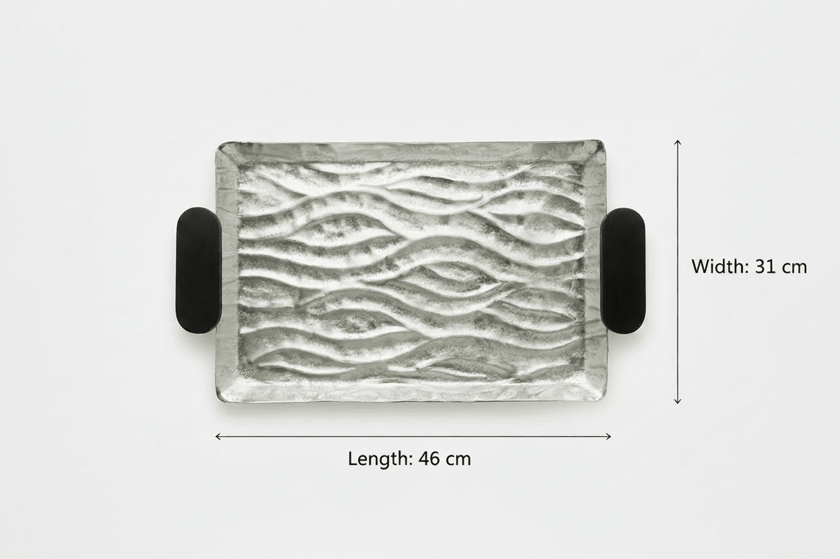 Luhpar Wave Textured Aluminium Rectangular Tray with Black Wooden Handles - 46 × 31 cm - 74893-B - Al Kabayel Discount CentreLuhpar Wave Textured Aluminium Rectangular Tray with Black Wooden Handles - 46 × 31 cm - 74893-BServing TraysLUHPARAl Kabayel Discount Centre