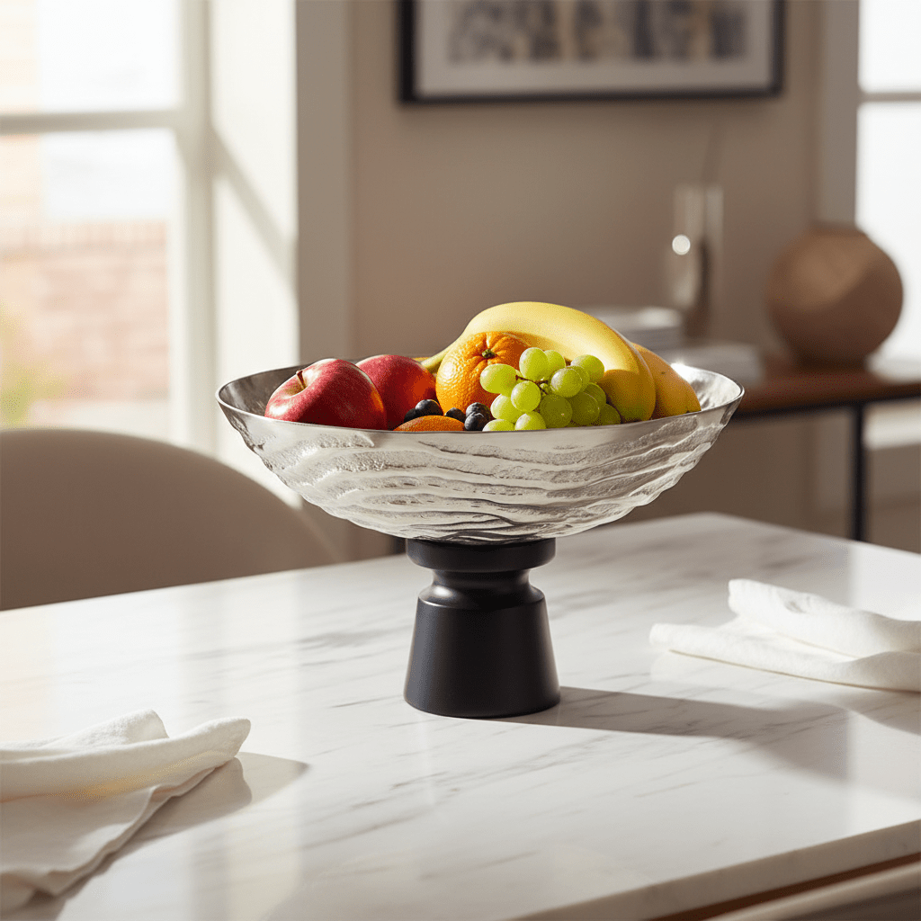 Luhpar Wave Textured Aluminium Round Bowl with Black Wooden Base - 20×26 cm - 74901-B - Al Kabayel Discount CentreLuhpar Wave Textured Aluminium Round Bowl with Black Wooden Base - 20×26 cm - 74901-BBowlsLUHPARAl Kabayel Discount Centre