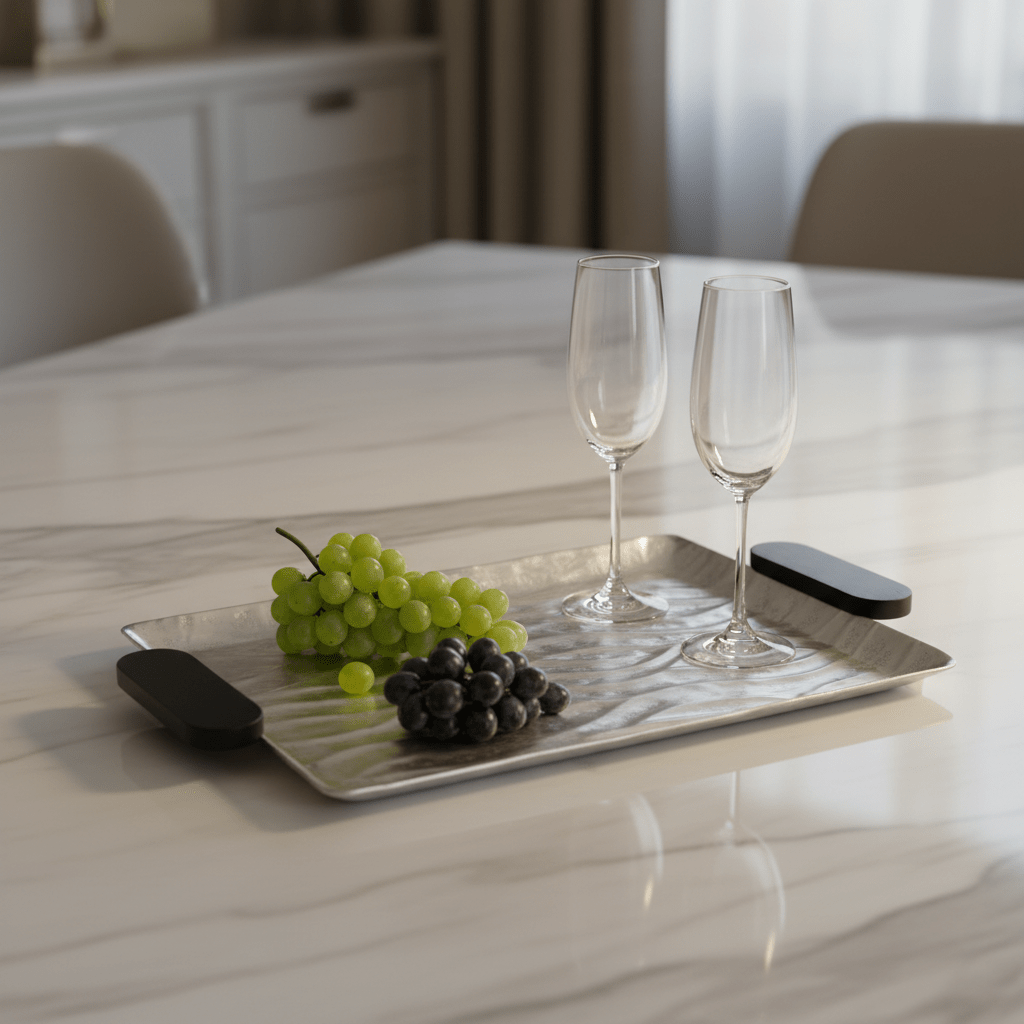 Luhpar Wave Textured Aluminum Rectangular Serving Tray with Black Wooden Handles - 40×26 cm - 74893-A - Al Kabayel Discount CentreLuhpar Wave Textured Aluminum Rectangular Serving Tray with Black Wooden Handles - 40×26 cm - 74893-AServing TraysLUHPARAl Kabayel Discount Centre
