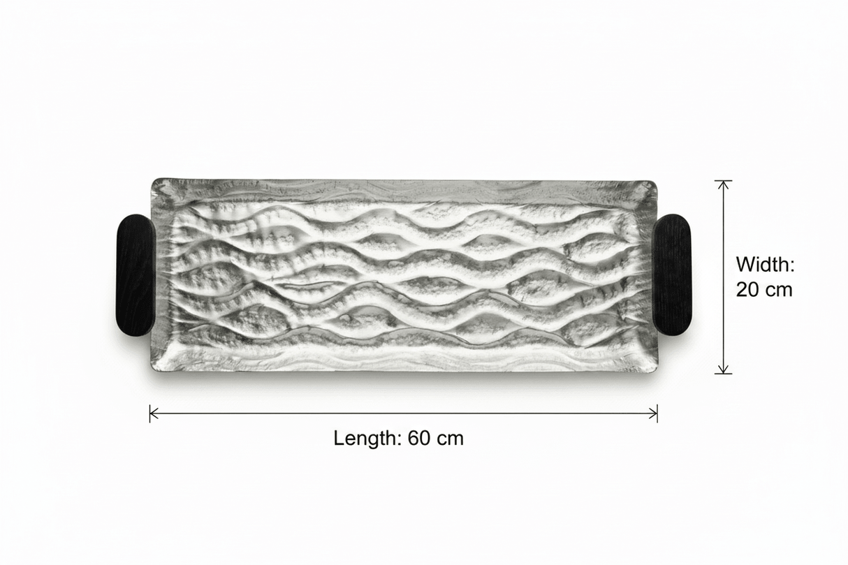 Luhpar Wave Textured Aluminum Rectangular Tray with Black Wooden Handles - 60×20cm - 74897-C - Al Kabayel Discount CentreLuhpar Wave Textured Aluminum Rectangular Tray with Black Wooden Handles - 60×20cm - 74897-CServing TraysLUHPARAl Kabayel Discount Centre