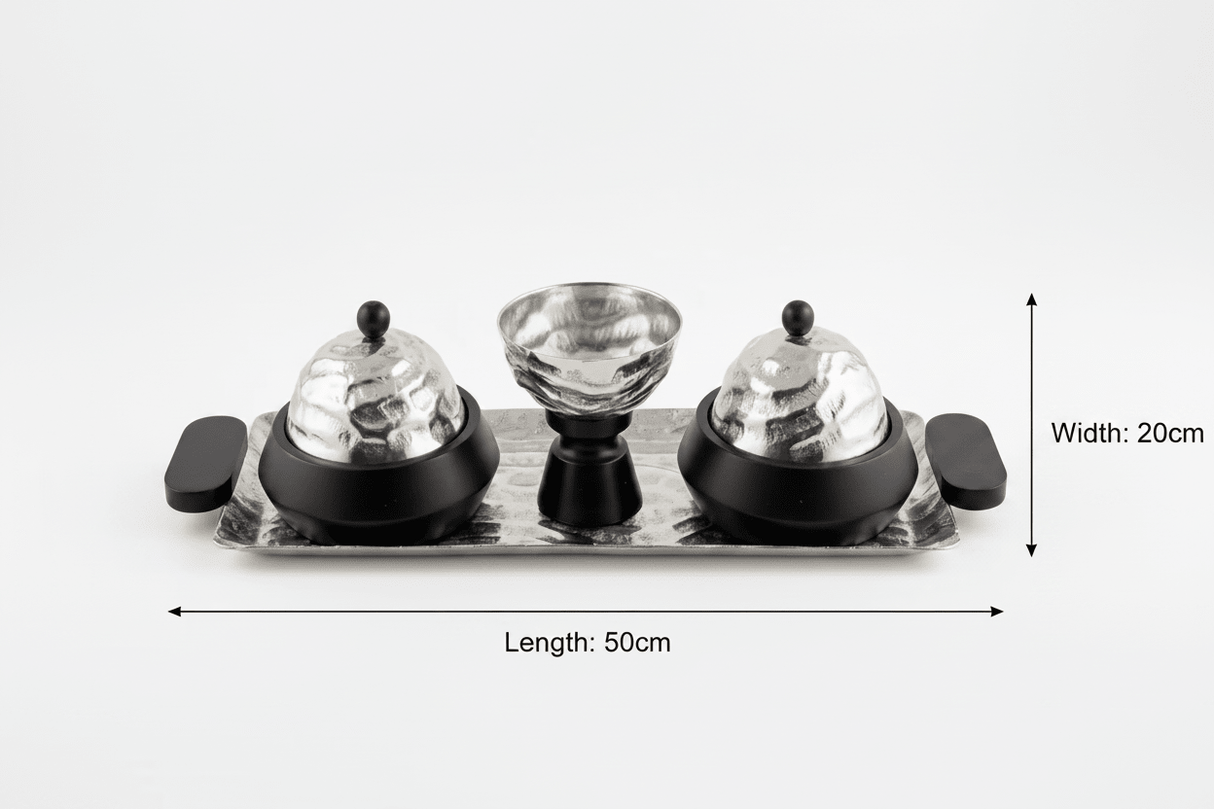 Luhpar Wave Textured Aluminum Serving Set - Rectangular Tray with Domed Cloches & Pedestal Bowl - 50×20 cm - Al Kabayel Discount CentreLuhpar Wave Textured Aluminum Serving Set - Rectangular Tray with Domed Cloches & Pedestal Bowl - 50×20 cmServing TraysLUHPARAl Kabayel Discount Centre