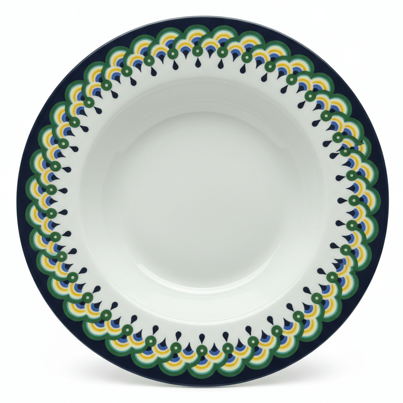 "Decorative ceramic plate with ornate green, yellow, and black geometric border pattern on white background - premium tableware"
