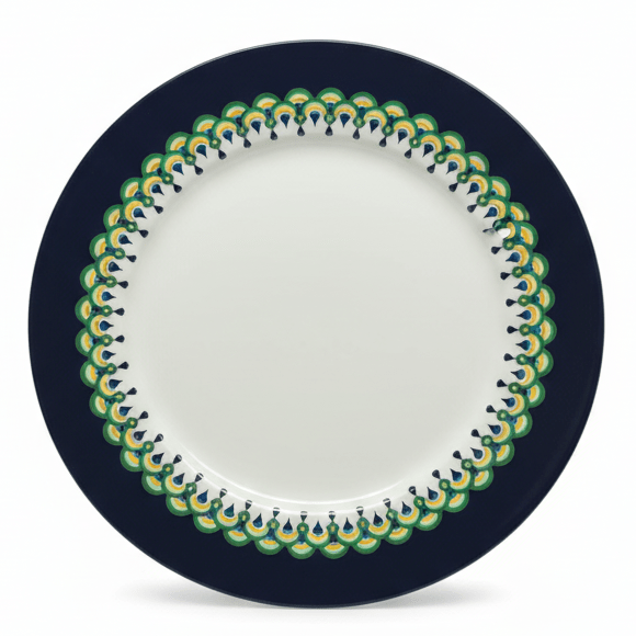 Alt text: "Elegant decorative plate with navy blue rim and geometric yellow teal ornamental border on white background"