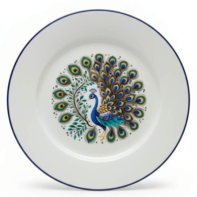 "Elegant white decorative plate with intricate peacock design in blue, green and gold - premium tableware"