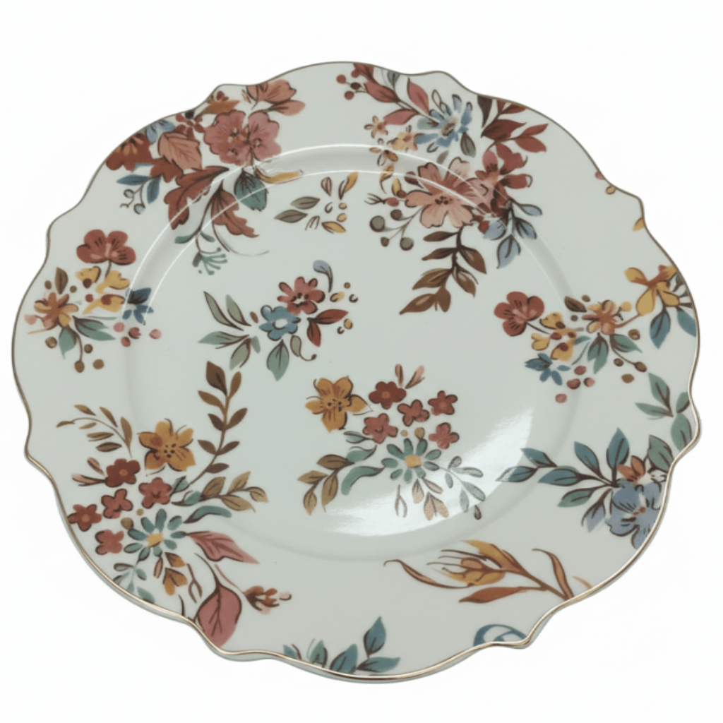 "Hand-painted floral ceramic plate with scalloped gold rim featuring rust, coral, and sage botanical pattern on cream base"